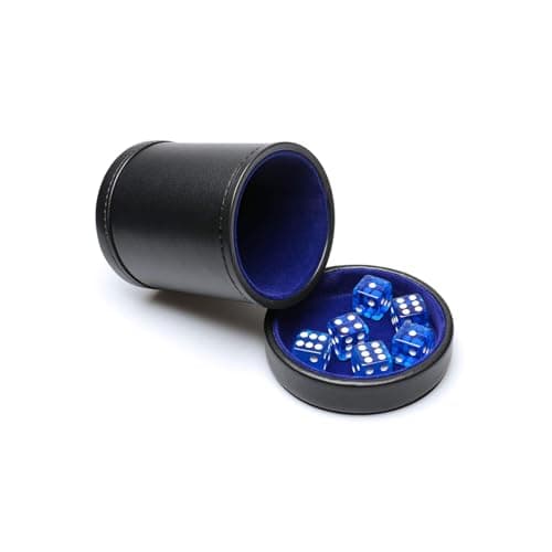 Brown Leatherette Dice Cup with Lid, 6 Dices, Velvet Interior, Quiet Shaking for Liars Dice, Farkle, Yahtzee
