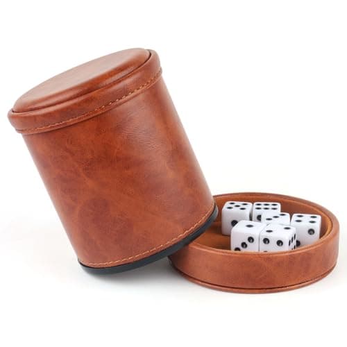 Brown Leatherette Dice Cup with Lid, 6 Dices, Velvet Interior, Quiet Shaking for Liars Dice, Farkle, Yahtzee