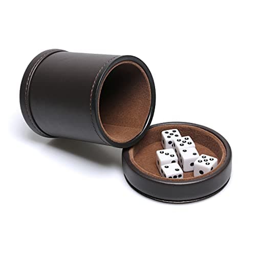 Brown Leatherette Dice Cup with Lid, 6 Dices, Velvet Interior, Quiet Shaking for Liars Dice, Farkle, Yahtzee