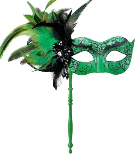 MYSEUNI Women's Shiny Feather Mardi Gras Mask with Stick