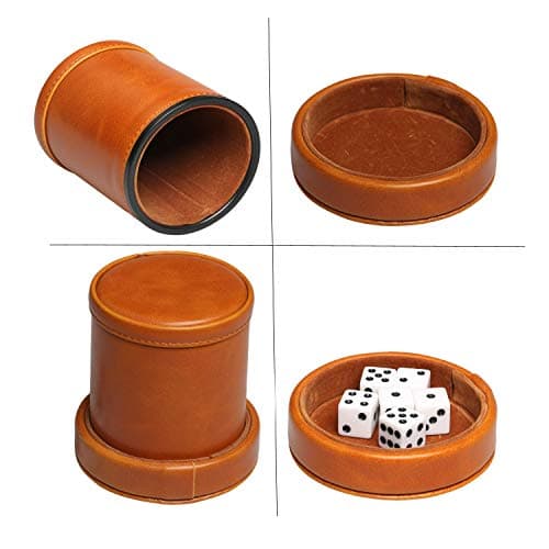 Brown Leatherette Dice Cup with Lid, 6 Dices, Velvet Interior, Quiet Shaking for Liars Dice, Farkle, Yahtzee