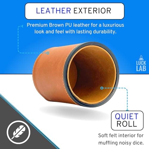 Luck Lab Brown Leather Dice Cup with Lid & Tan Velvet Interior for Quiet Rolling - Perfect for Board Games