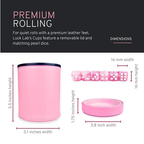 Luck Lab Pink Leather Dice Cup with Lid - Accompanied by 6 Pearl Dice
