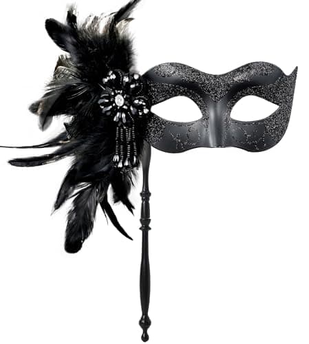 MYSEUNI Women's Shiny Feather Mardi Gras Mask with Stick