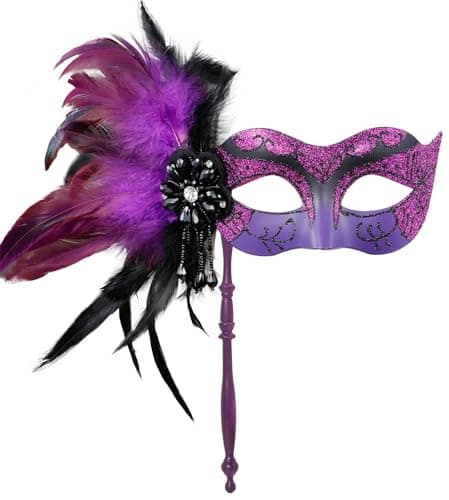 MYSEUNI Women's Shiny Feather Mardi Gras Mask with Stick