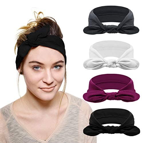 DRESHOW 4 Pack Bow Knotted Headbands for Women Running Sport Elastic Hair Wrap