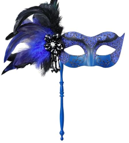 MYSEUNI Women's Shiny Feather Mardi Gras Mask with Stick
