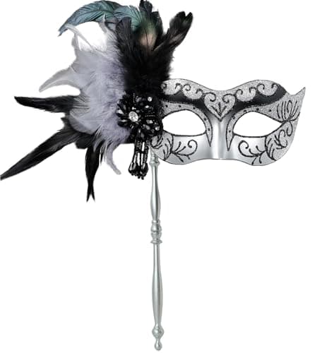 MYSEUNI Women's Shiny Feather Mardi Gras Mask with Stick
