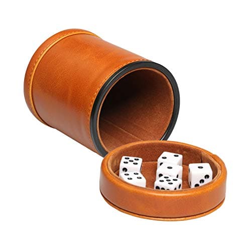 Brown Leatherette Dice Cup with Lid, 6 Dices, Velvet Interior, Quiet Shaking for Liars Dice, Farkle, Yahtzee