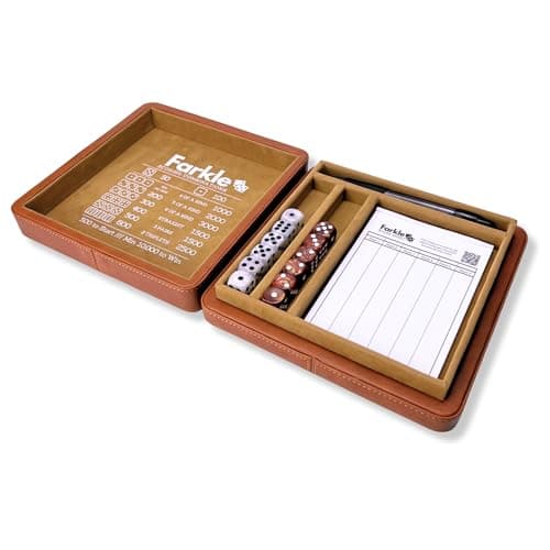 Luck Lab Farkle Dice Tray & Storage Case - 2 Sets of Pearl Dice, Score Pad, Pen Holder (Brown)