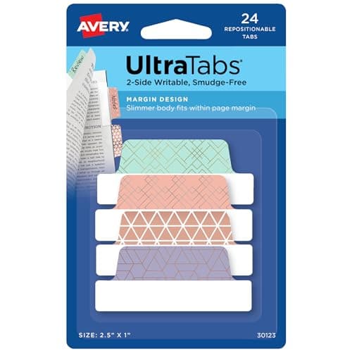 Avery Margin Ultra Tabs, 24 Assorted Pastel 2.5" x 1" Writable Page Markers