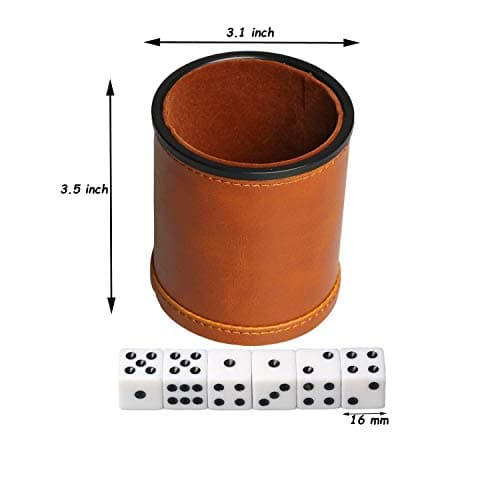 Brown Leatherette Dice Cup with Lid, 6 Dices, Velvet Interior, Quiet Shaking for Liars Dice, Farkle, Yahtzee