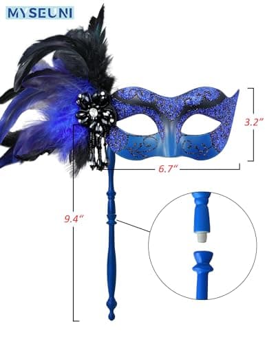 MYSEUNI Women's Shiny Feather Mardi Gras Mask with Stick