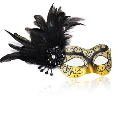 MYSEUNI Women's 2025 Black Masquerade Mask with Feathers for Special Occasions