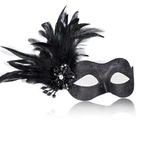 MYSEUNI Women's 2025 Black Masquerade Mask with Feathers for Special Occasions