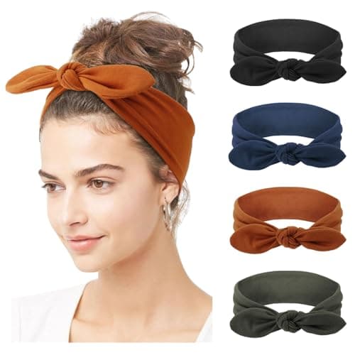 DRESHOW 4 Pack Bow Knotted Headbands for Women Running Sport Elastic Hair Wrap