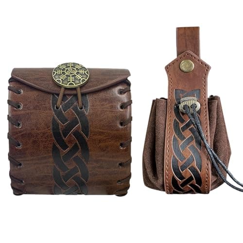 Brown Medieval Faux Leather Belt Bag with Drawstring Pouch for LARP