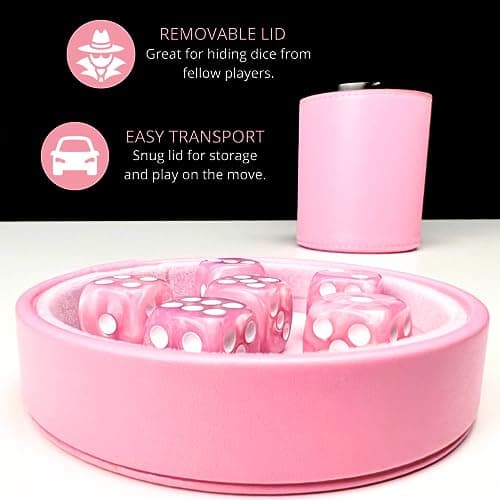 Luck Lab Pink Leather Dice Cup with Lid - Accompanied by 6 Pearl Dice