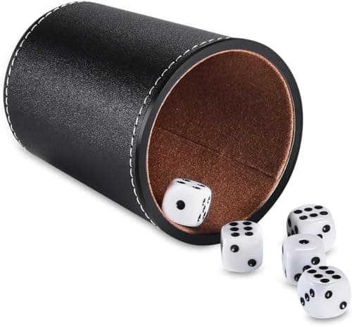 2 Black Leather Dice Cups Set + 50 Dice + Exclusive Faux Leather Case