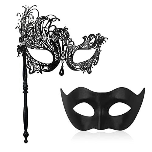IncreDecor Couple Venetian Metal Masquerade Mask with Stick Halloween Costume