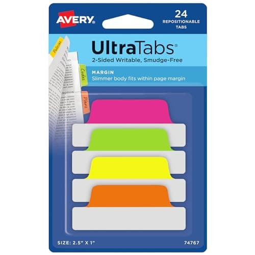 Avery Margin Ultra Tabs, 24 Assorted Pastel 2.5" x 1" Writable Page Markers