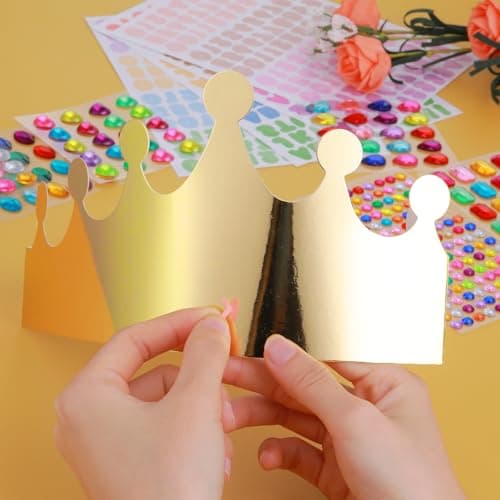 5pcs Gold Paper Crowns with Gem Stickers Alphabet Numbers Party Hats