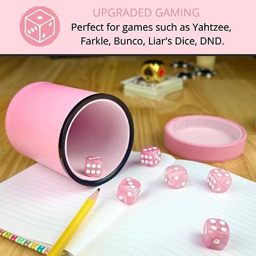 Luck Lab Pink Leather Dice Cup with Lid - Accompanied by 6 Pearl Dice