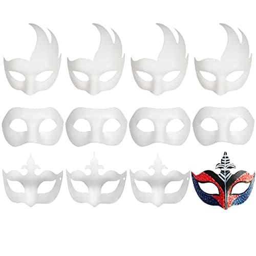 CSPRING 12PCS Cute Paper Face Paintable White Mask for Mardi Gras Cosplay