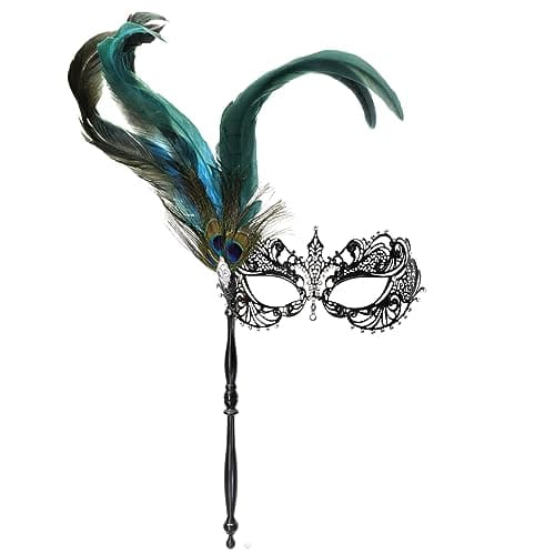 Thmyo Venetian Mardi Gras Carnival Feather Rhinestone Masquerade Mask with Stick