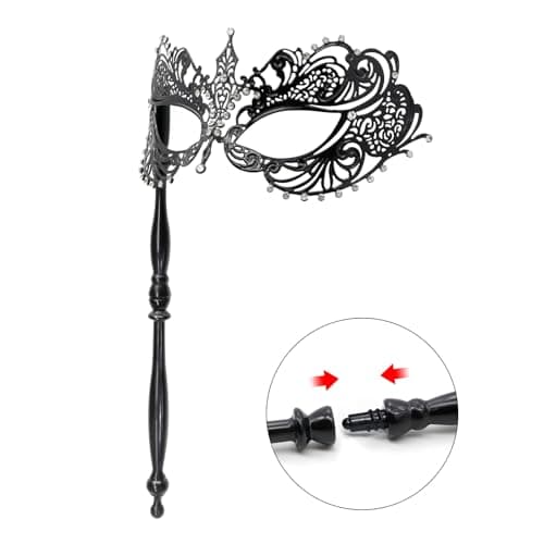 Thmyo Venetian Mardi Gras Carnival Feather Rhinestone Masquerade Mask with Stick