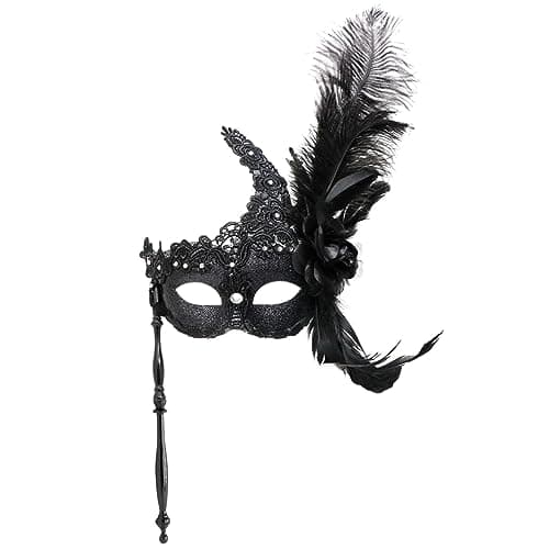 Thmyo Venetian Mardi Gras Carnival Feather Rhinestone Masquerade Mask with Stick