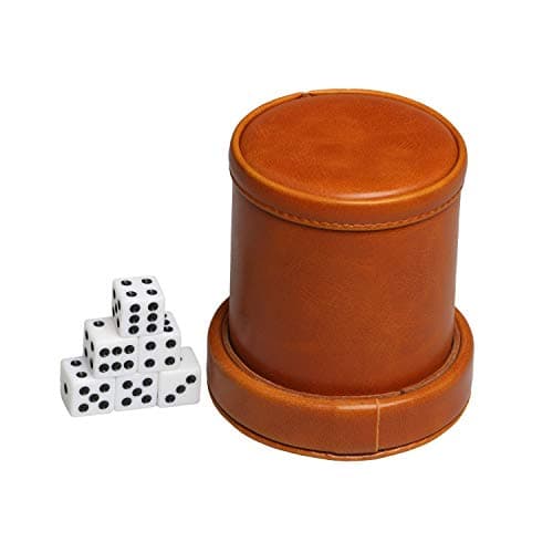 Brown Leatherette Dice Cup with Lid, 6 Dices, Velvet Interior, Quiet Shaking for Liars Dice, Farkle, Yahtzee