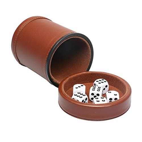 Brown Leatherette Dice Cup with Lid, 6 Dices, Velvet Interior, Quiet Shaking for Liars Dice, Farkle, Yahtzee