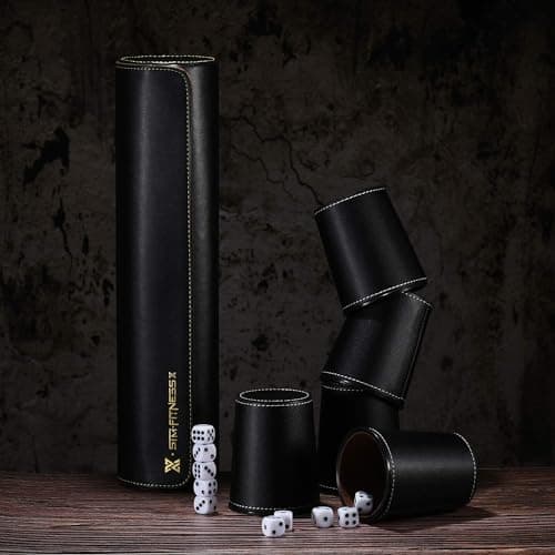 2 Black Leather Dice Cups Set + 50 Dice + Exclusive Faux Leather Case