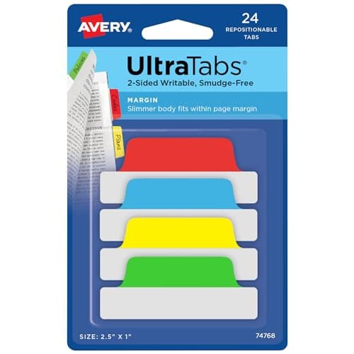 Avery Margin Ultra Tabs, 24 Assorted Pastel 2.5" x 1" Writable Page Markers