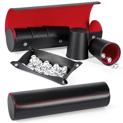 2 Black Leather Dice Cups Set + 50 Dice + Exclusive Faux Leather Case