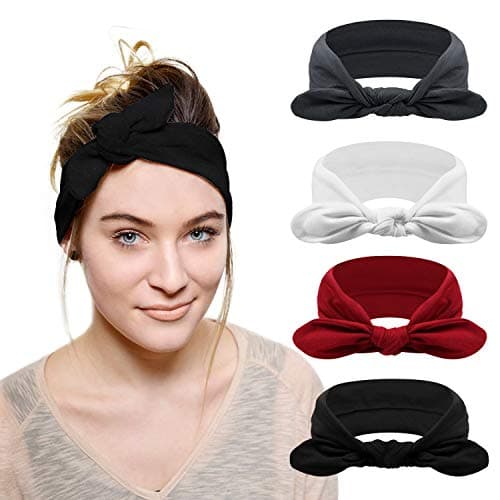 DRESHOW 4 Pack Bow Knotted Headbands for Women Running Sport Elastic Hair Wrap