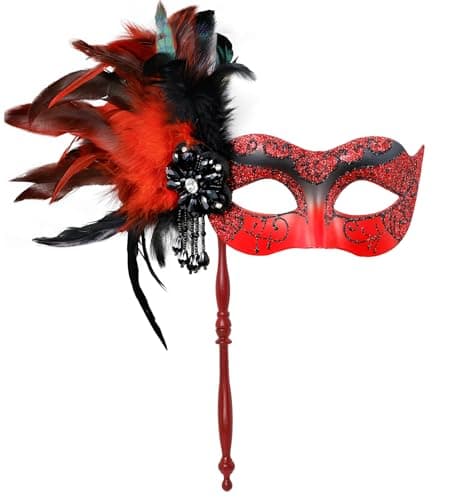 MYSEUNI Women's Shiny Feather Mardi Gras Mask with Stick
