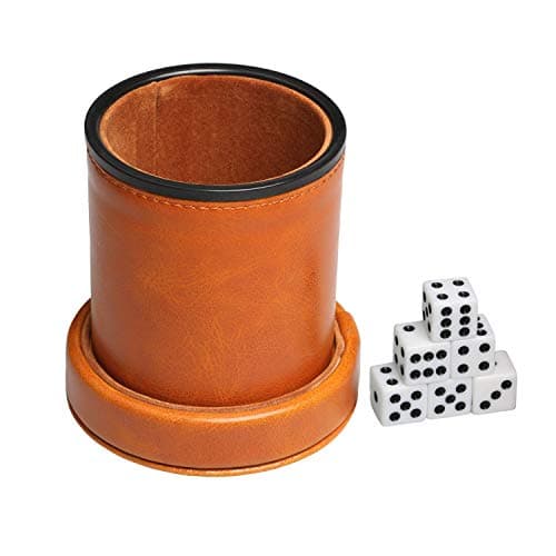 Brown Leatherette Dice Cup with Lid, 6 Dices, Velvet Interior, Quiet Shaking for Liars Dice, Farkle, Yahtzee