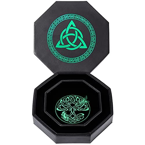 Exquisitely Detailed Green World Tree & Triquetra 8" DND Dice Tray - Premium Roll & Storage