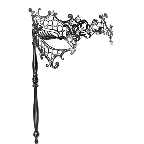 Thmyo Venetian Mardi Gras Carnival Feather Rhinestone Masquerade Mask with Stick