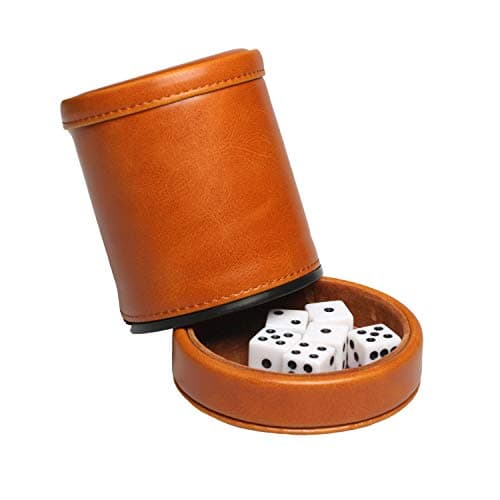 Brown Leatherette Dice Cup with Lid, 6 Dices, Velvet Interior, Quiet Shaking for Liars Dice, Farkle, Yahtzee