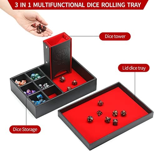 Red 3-in-1 DND Dice Tray & Tower with Storage, Portable D&D Dice Holder