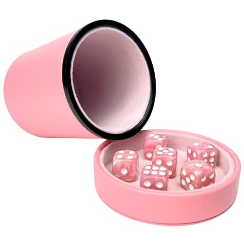 Luck Lab Pink Leather Dice Cup with Lid - Accompanied by 6 Pearl Dice
