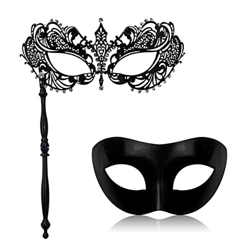 IncreDecor Couple Venetian Metal Masquerade Mask with Stick Halloween Costume