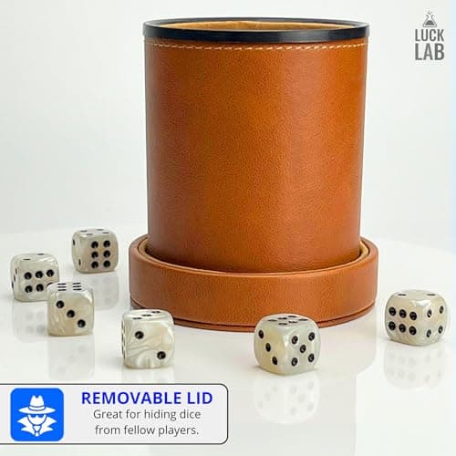 Luck Lab Brown Leather Dice Cup with Lid & Tan Velvet Interior for Quiet Rolling - Perfect for Board Games