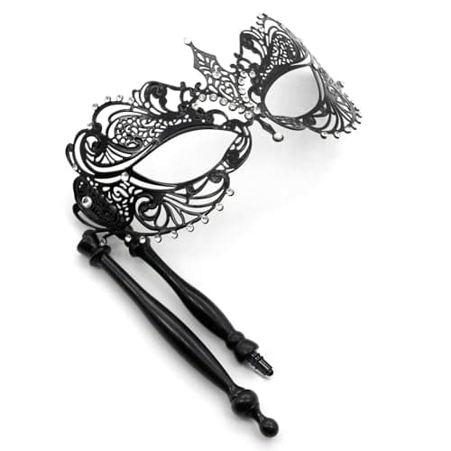 Thmyo Venetian Mardi Gras Carnival Feather Rhinestone Masquerade Mask with Stick