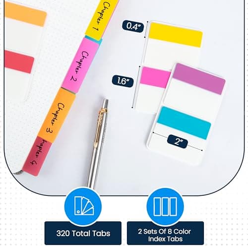 Essex Wares 320-Piece 2-Inch Sticky Index Tabs 8 Colors Water-Resistant File Notebook Tabs