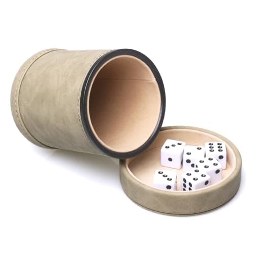 Brown Leatherette Dice Cup with Lid, 6 Dices, Velvet Interior, Quiet Shaking for Liars Dice, Farkle, Yahtzee