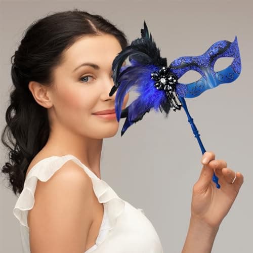 MYSEUNI Women's Shiny Feather Mardi Gras Mask with Stick